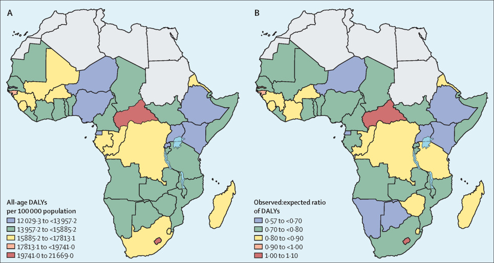 Map of Africa showing all-age disability-adjusted life years (DALYs) per 100,000 population, with color-coded regions indicating different ranges of DALYs.